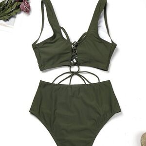 Women's V-Neck Ruched Lace-Up High Waist Bikini Set Bathing Suit-M